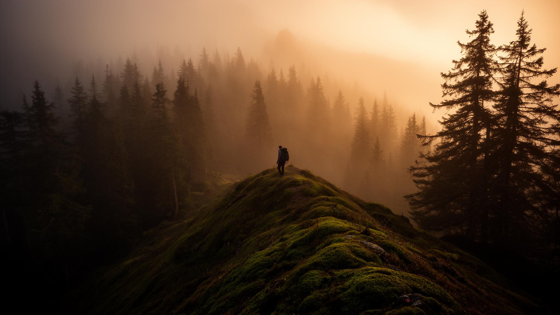 Hiker on a misty mossy ridge at golden hour